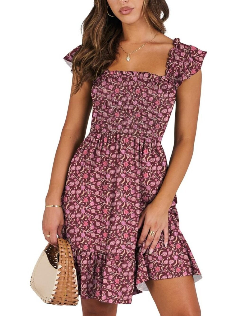 Women's Summer Sleeveless Square Neck Dress Red Pink Smocked Ruffle Backless